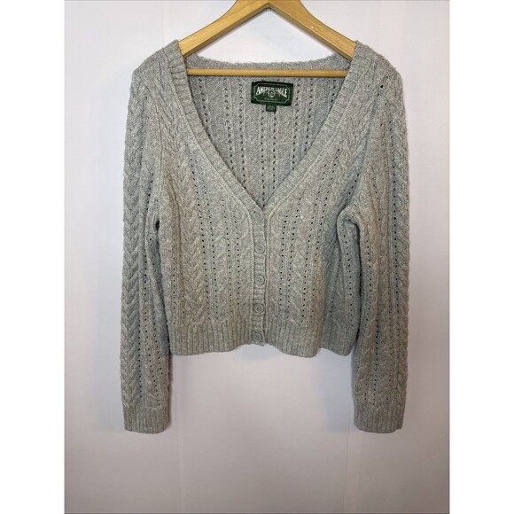 American Eagle Womens Button Up Cardigan Sweater M Gray Cable Knit Preppy - Picture 1 of 8